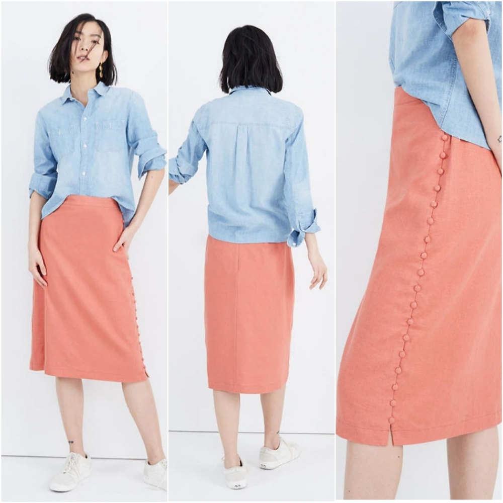 Madewell Button Slit Linen Blend Midi Skirt Size 10